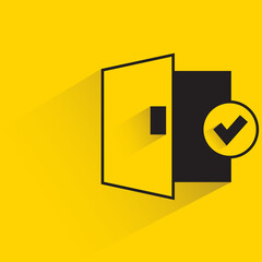 door and check mark for smart door security concept with shadow yellow background