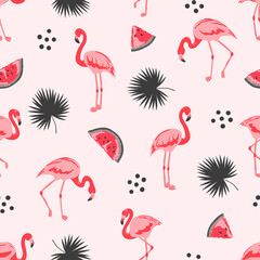 Seamless tropical trendy pattern with flamingos, watermelon and palm leaves. Vector summer background.	