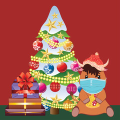 Bull in face mask and Santa hat