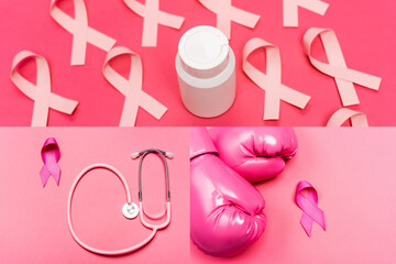 Collage of jar with pills, pink ribbons of breast cancer awareness and stethoscope on pink background