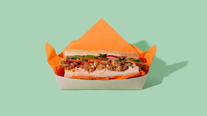 Vietnamese Banh Mi sandwich with roasted cauliflower and pickled veggie in takeaway packaging box on green background with copy space.Restaurant food delivery concept