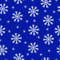 Winter seamless pattern. Vector pattern with white snowflakes on blue background. For design of fabrics, packaging and wallpapers.