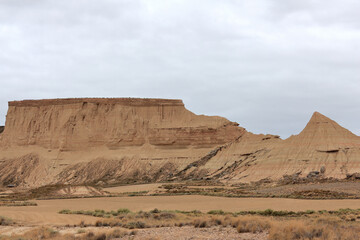 Desert landscape in a cloudy day in Bardenas Reales of Navarra, Spain.