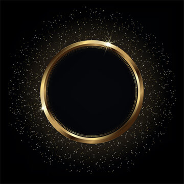 Shiny gold circle frame on Luxury glowing black background with bright lights and golden sparkles,Vector illustration