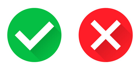 Obraz premium Green tick and red cross in circle. Checkmark and x sign. Isolated correct and wrong icons. Yes and no illustration on white background. Error and positive sticker. Positive and negative set. EPS 10.