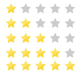 Yellow stars rating on white background. Feedback evaluation in flat design. Rank quality. Review stars symbol. Isolated top rate concept. Review rate icons on white background. Vector EPS 10. - obrazy, fototapety, plakaty