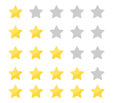 Yellow stars rating on white background. Feedback evaluation in flat design. Rank quality. Review stars symbol. Isolated top rate concept. Review rate icons on white background. Vector EPS 10.