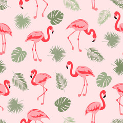 Naklejka premium Seamless flamingo bird pattern. Vector tropical background with flamingos and leaves.