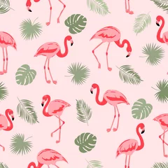 Papier Peint photo Flamingo Seamless flamingo bird pattern. Vector tropical background with flamingos and leaves.