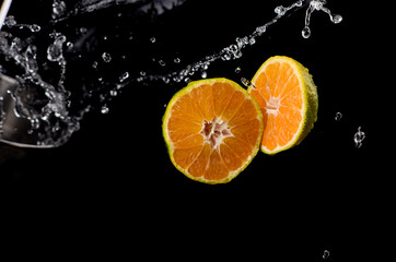 Fototapeta na wymiar citrus fruits in water splash on black background
