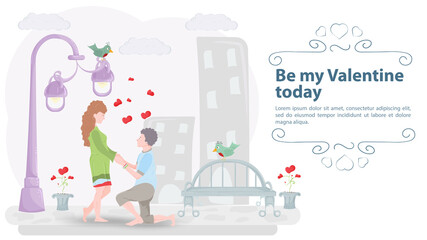 A man on his knees holding the hands of a woman a couple in love inscription congratulations on a holiday illustration for design flat style