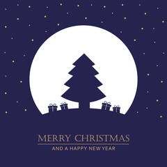 Naklejka premium christmas card with tree and gifts at full moon night vector illustration EPS10
