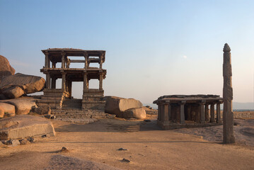 Templates built on granite mountains in Hampi complex, unesco world heritage city, Karnataka, India