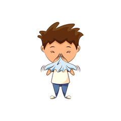 Child blowing his nose, cute kid sneezing