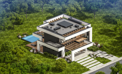 3d rendering of modern cozy house with pool and parking for sale or rent in luxurious style and beautiful landscaping on background. Summer sunny day with clear blue sky.