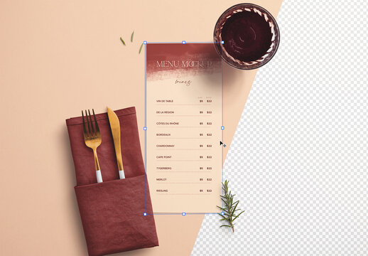 Table Thin Menu with Cutleries, Napkin, Drink, and Herbs