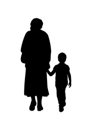 Silhouette of grandmother walking with grandson