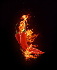 Two red chili peppers in a burning flame on a black background.