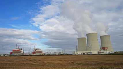 Fototapeta na wymiar Nuclear power station plant with two reactors and four cooling towers, Soview design