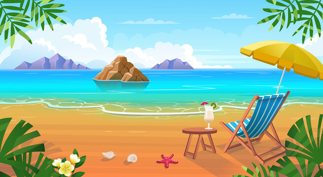  Summer tropical beach with sun loungers, table with cocktails, umbrella, mountains and islands. Seaside landscape, nature vacation, ocean or sea seashore.Vector cartoon illustration.