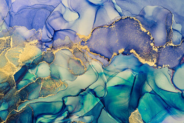 Panele Szklane  Naturalny luksus abstrakcyjne malarstwo płynne w technice tuszu alkoholowego. Delikatna i marzycielska tapeta. Mieszanka kolorów tworząca przejrzyste fale i złote zawijasy. W przypadku plakatów, innych materiałów drukowanych