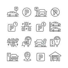 Parking related icons: thin vector icon set, black and white kit