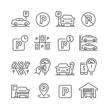 Parking related icons: thin vector icon set, black and white kit