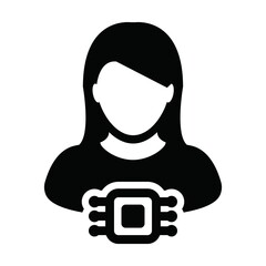 Microchip icon vector for human implant with female user person profile avatar symbol for tracking system in a glyph pictogram illustration