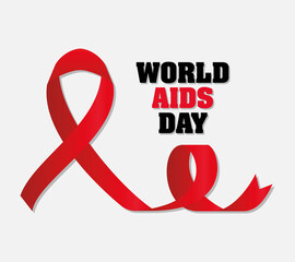 world aids day lettering and one ribbon with a knot on a white background