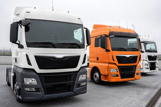 Trucks are parked for delivery, transportation of goods and vehicle concept. Freight transportation.