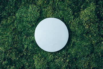 Creative layout made of circle card note on green grass, moss background. Top view. Copy space. Advertising card, invitation. Wild nature, ecology concept. Sustainable, organic, zero waste lifestyle