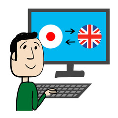 Fototapeta na wymiar Japanese-English translator working with a computer at home office.