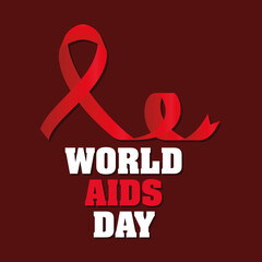 world aids day lettering and one ribbon with a knot on a red background