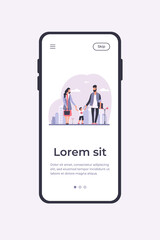 Happy family walking in city. Boy holding mom and dad hands flat vector illustration. Parents, childhood, lifestyle concept for banner, website design or landing web page