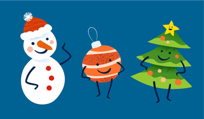 Christmas and winter graphic elements - Snowman, Bauble (Bombka) and Christmas Tree in cartoon cheerful style.
