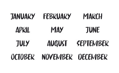 Handwritten names of months: December, January, February, March, April, May, June, July, August, September, October, November. Calligraphy words for calendars and organizers.