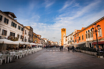 Fototapeta na wymiar Panoramic view of the urban landscape of the center of Chioggia - near Venice - with typical ancient italian buildings