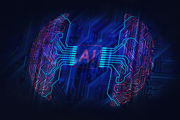 Artificial Intelligence (AI) concept in red-blue color, digital mind and cybernetic brain, illustration chip in the brain on the circuit board
