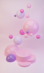 3D mock up podium in sweet candy pink and purple tones with shiny pink balls or spheres flying in the air. Render scene for product presentation. Vertical composition