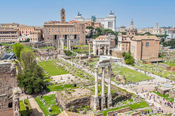 Fototapeta na wymiar aerial panoramic view of the ruins of the Roman Forum