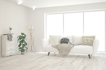 White living room with sofa. Scandinavian interior design. 3D illustration