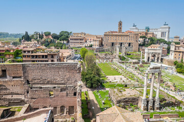 aerial panoramic view of the ruins of the Roman Forum