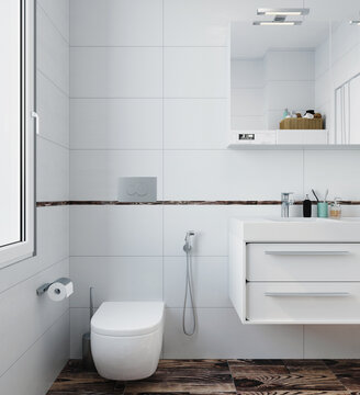 Modern interior of the toilet with white tiles and wooden floor. 3d render