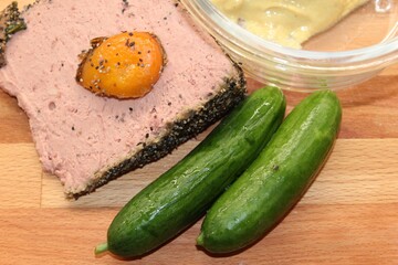 duck pate with cucumbers and mustard