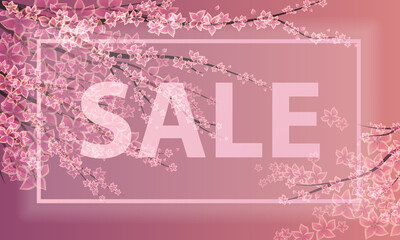 Blooming cherry on pink background with frame and lettering sale. Pink sakura flowers, petals. Wallpaper, greeting cards for spring sale, holidays, birthday, valentine's day. Vector illustration.