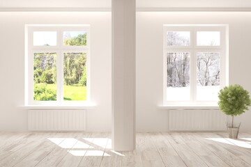 Fototapeta na wymiar White empty room with summer and winter landscape in window. Scandinavian interior design. 3D illustration