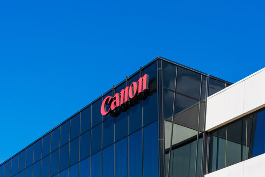 Canon logo atop Canon Solutions America headquarters campus in Silicon Valley. Canon Inc is a Japanese multinational corporation - San Jose, California, USA - 2020