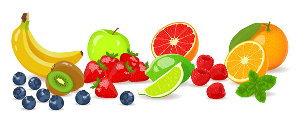 Fresh fruits and berries. Fresh fruits, natural food, healthy eating, detox, vegan concept. Isolated vector illustration for banner, poster, cover.