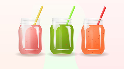 Set of smoothies. Fresh fruits, natural food, detox, healthy eating, vegan concept. Isolated vector illustration.