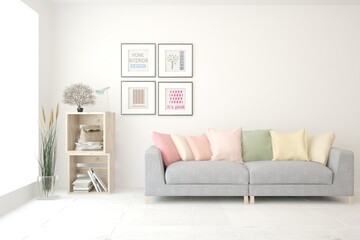 White living room with sofa. Scandinavian interior design. 3D illustration